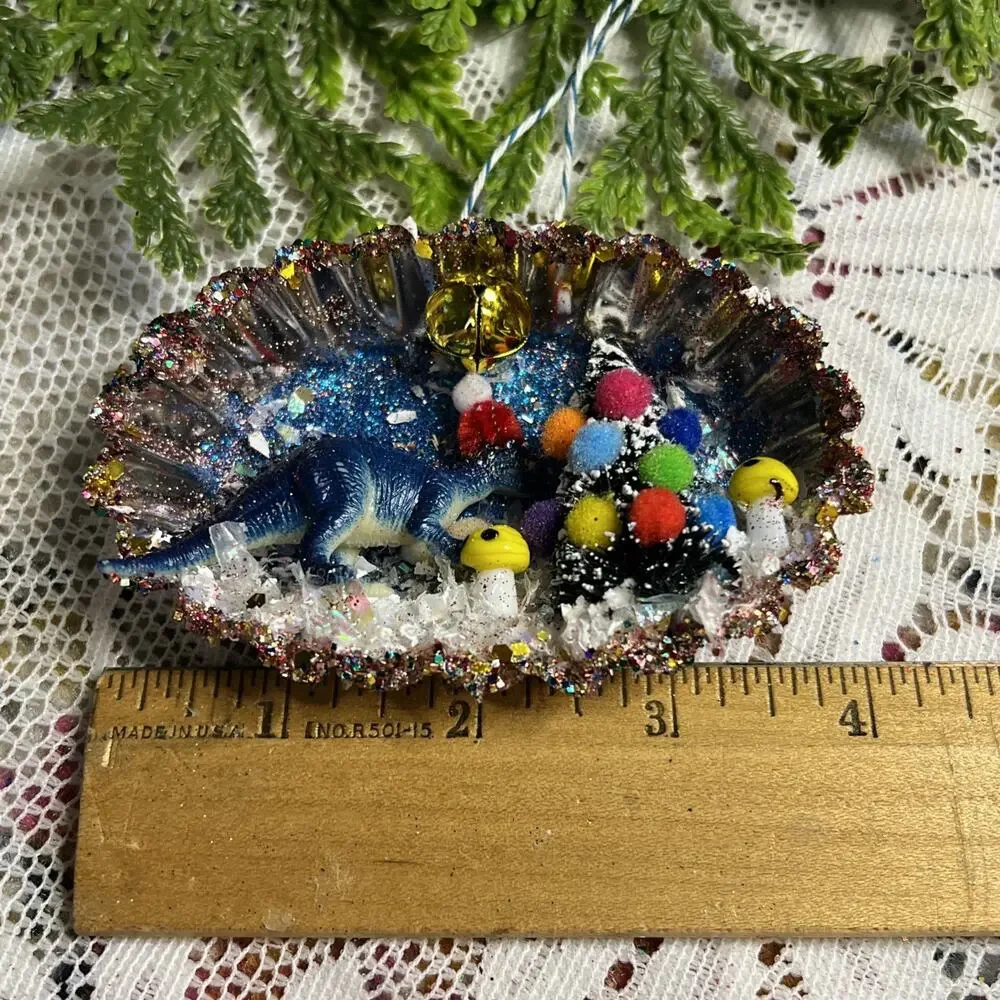 Vintage Oval Tart Tin Dinosaur Tree Diorama Mid Century Style Glitter Ornament
